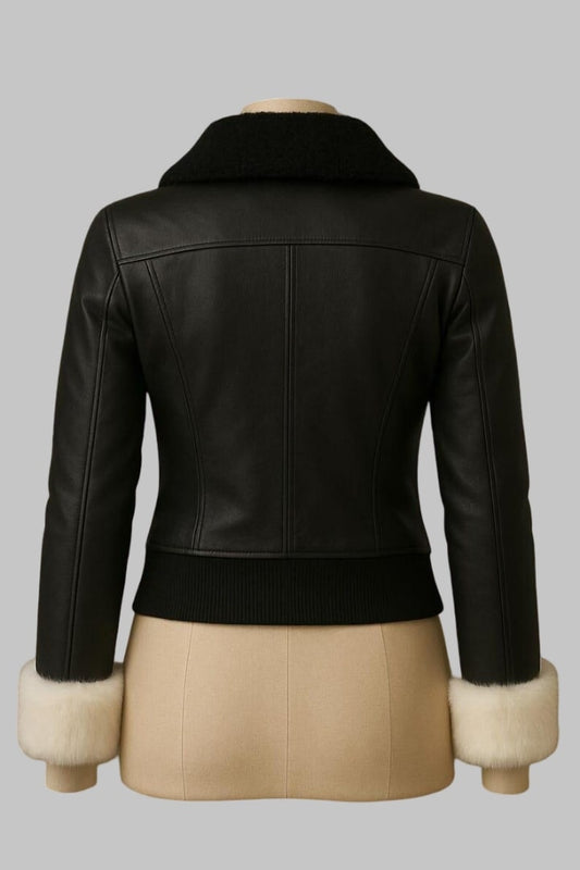 Handmade Black Sheepskin Shearling Leather Bomber Jacket for Women