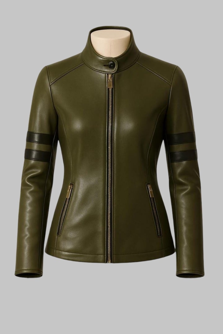 Handmade Green Sheepskin Leather Biker Jacket for Women