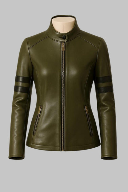 Handmade Green Sheepskin Leather Biker Jacket for Women