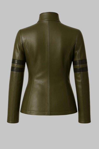Handmade Green Sheepskin Leather Biker Jacket for Women