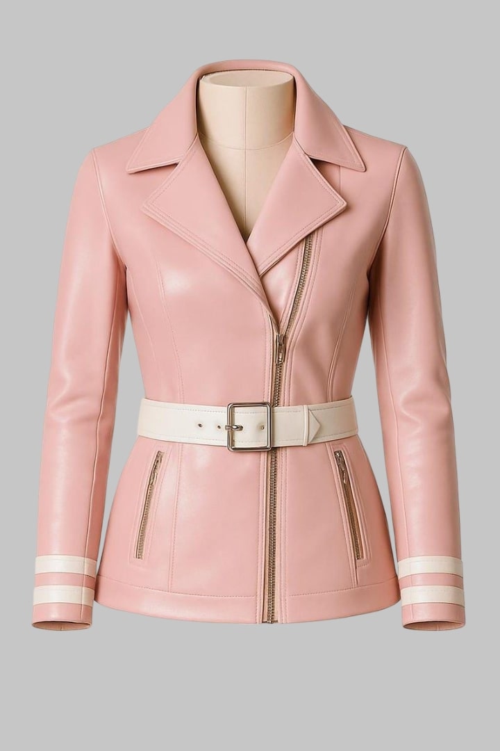 Handmade Pink Sheepskin Leather Biker Jacket for Women