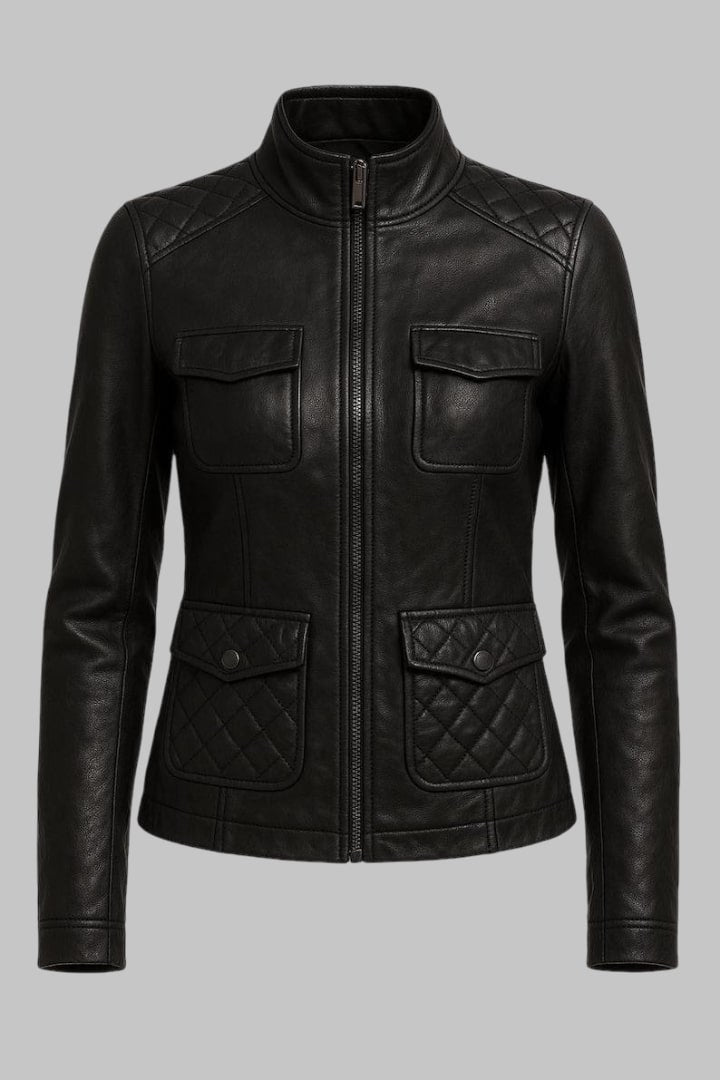 Handmade Black Sheepskin Leather Quilted Biker Jacket for Women