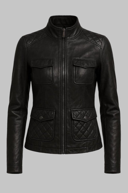 Handmade Black Sheepskin Leather Quilted Biker Jacket for Women