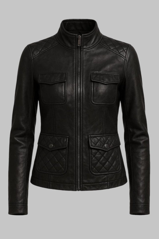 Handmade Black Sheepskin Leather Quilted Biker Jacket for Women