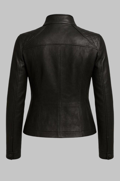 Handmade Black Sheepskin Leather Quilted Biker Jacket for Women