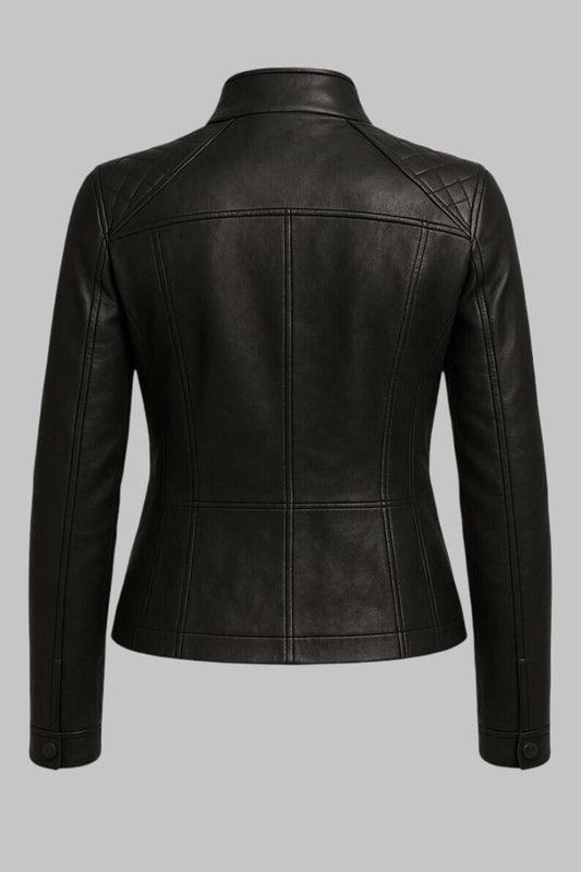 Handmade Black Sheepskin Leather Quilted Biker Jacket for Women
