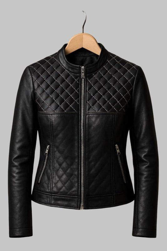 Black Sheepskin Leather Quilted Slim Fit Jacket for Women