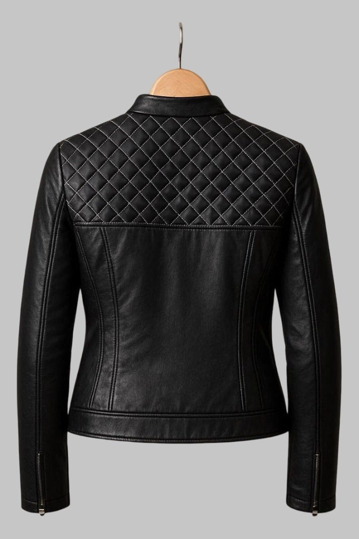 Black Sheepskin Leather Quilted Slim Fit Jacket for Women