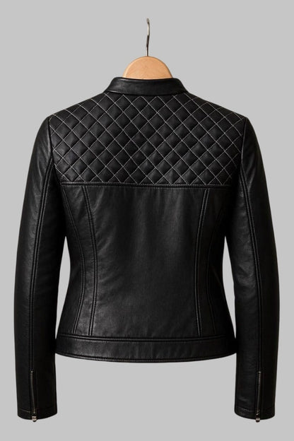 Black Sheepskin Leather Quilted Slim Fit Jacket for Women