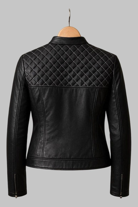 Black Sheepskin Leather Quilted Slim Fit Jacket for Women