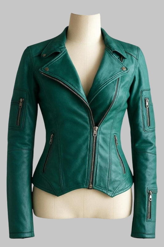 Handmade Sea Green Sheepskin Leather Biker Jacket for Women