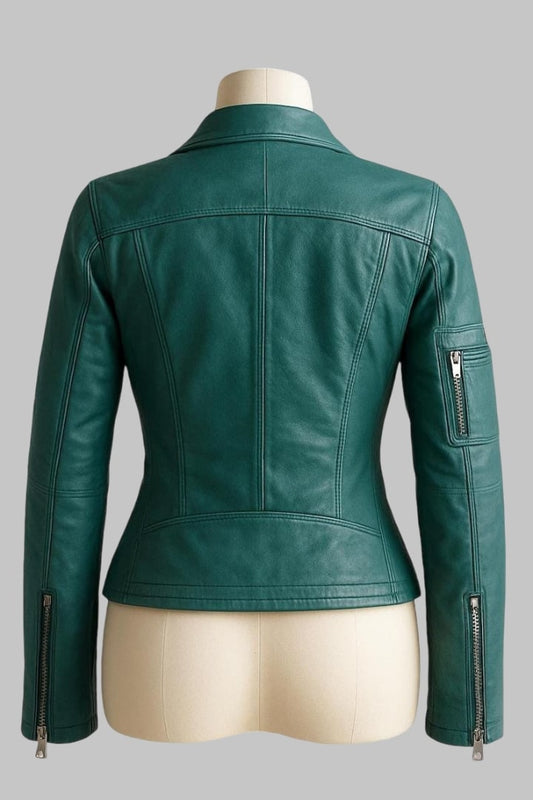Handmade Sea Green Sheepskin Leather Biker Jacket for Women