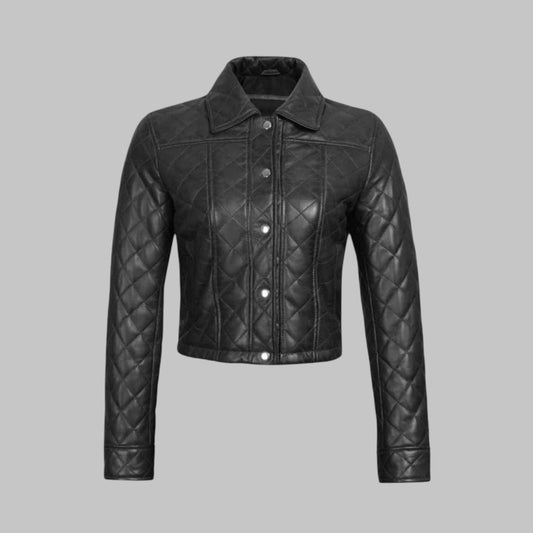 Cropped Black Lambskin Leather Jacket for Women