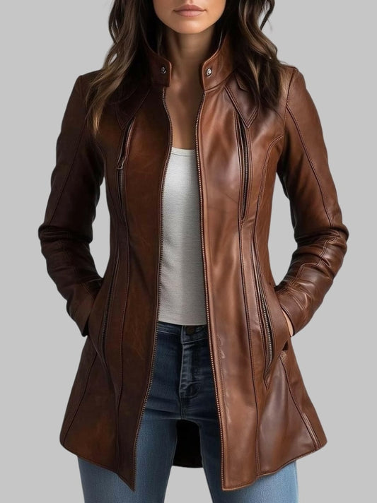 Women Stand Collar Vintage Brown Genuine Leather Jacket