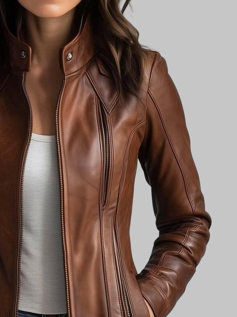 Women Stand Collar Vintage Brown Genuine Leather Jacket