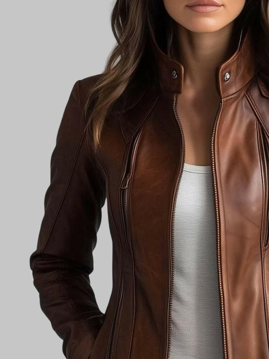 Women Stand Collar Vintage Brown Genuine Leather Jacket