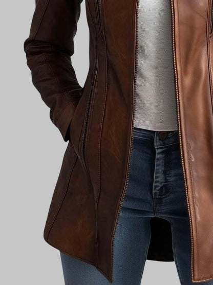 Women Stand Collar Vintage Brown Genuine Leather Jacket