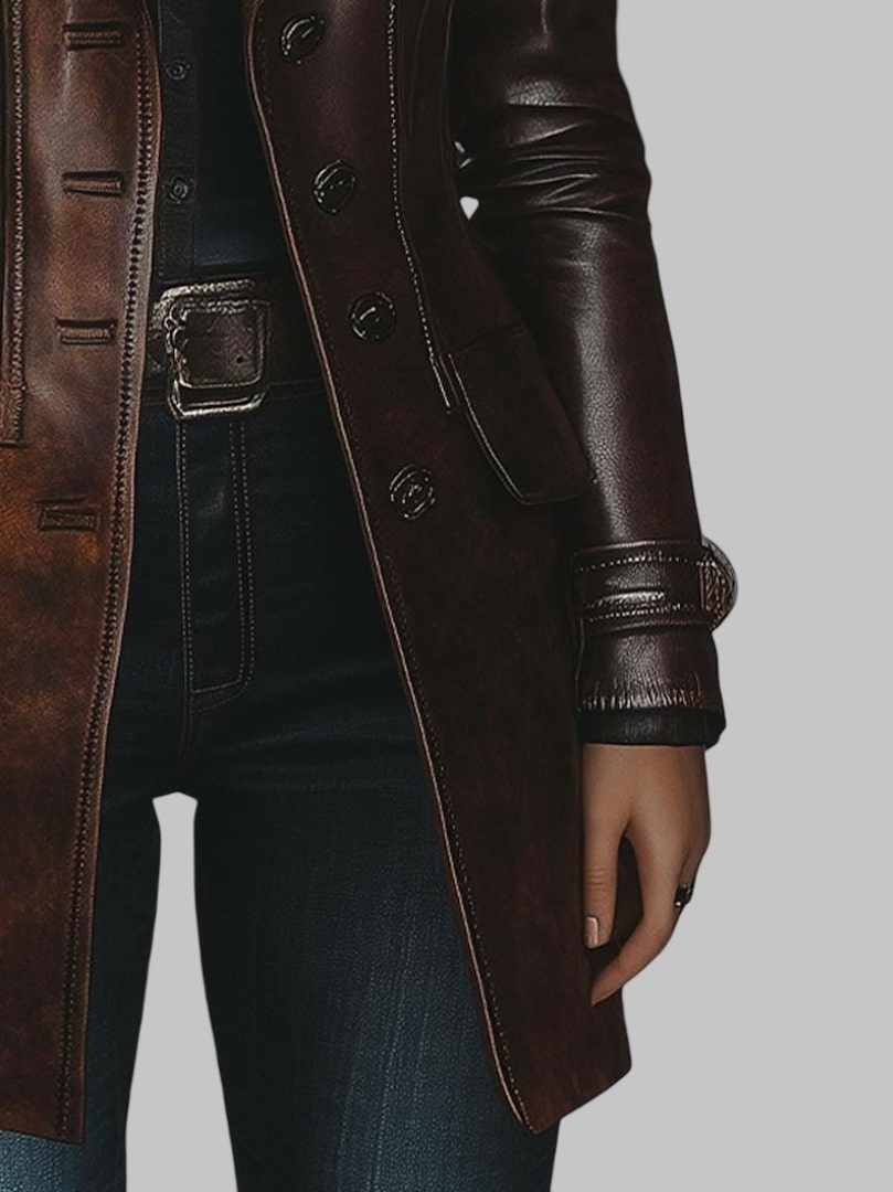 Women Vintage Lapel Button Long Brown Leather Jacket