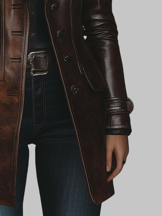 Women Vintage Lapel Button Long Brown Leather Jacket