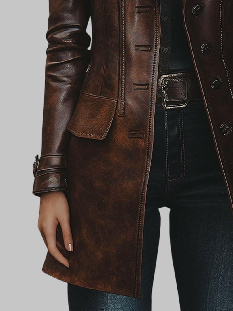 Women Vintage Lapel Button Long Brown Leather Jacket