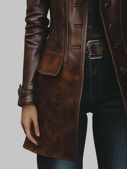 Women Vintage Lapel Button Long Brown Leather Jacket