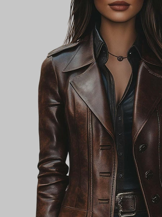 Women Vintage Lapel Button Long Brown Leather Jacket