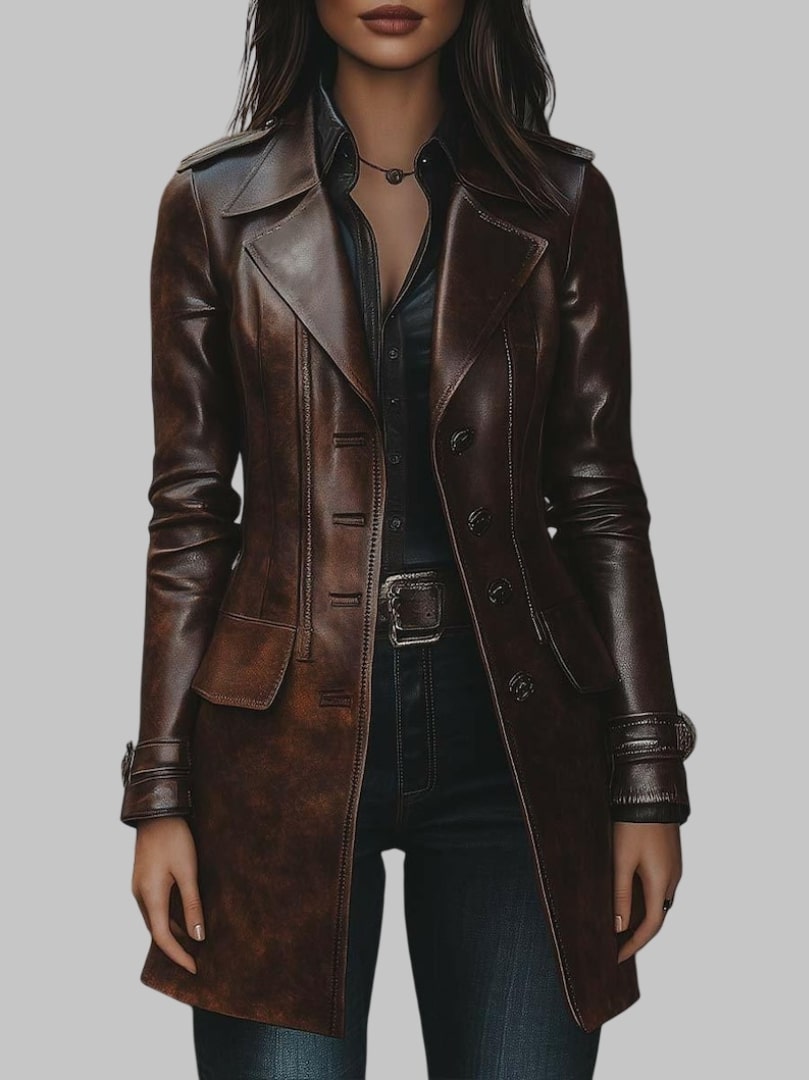 Women Vintage Lapel Button Long Brown Leather Jacket