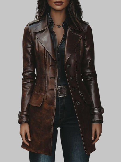 Women Vintage Lapel Button Long Brown Leather Jacket