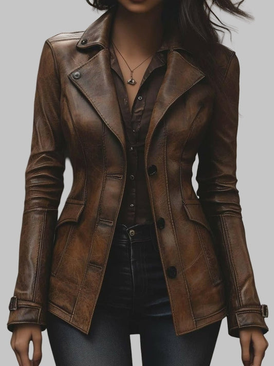 Women Vintage Brown Slim Fit Distressed Leather Jacket