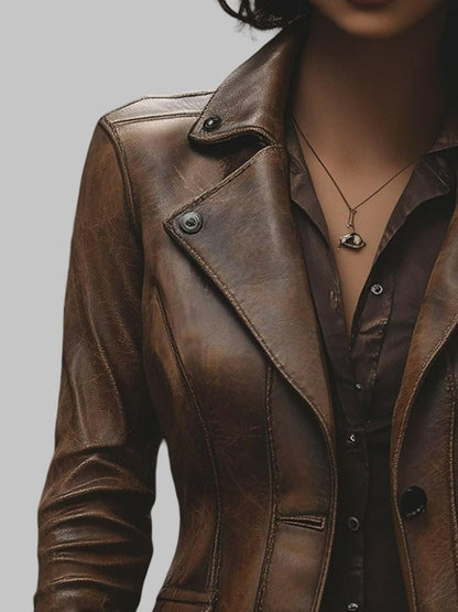 Women Vintage Brown Slim Fit Distressed Leather Jacket