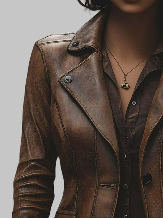 Women Vintage Brown Slim Fit Distressed Leather Jacket