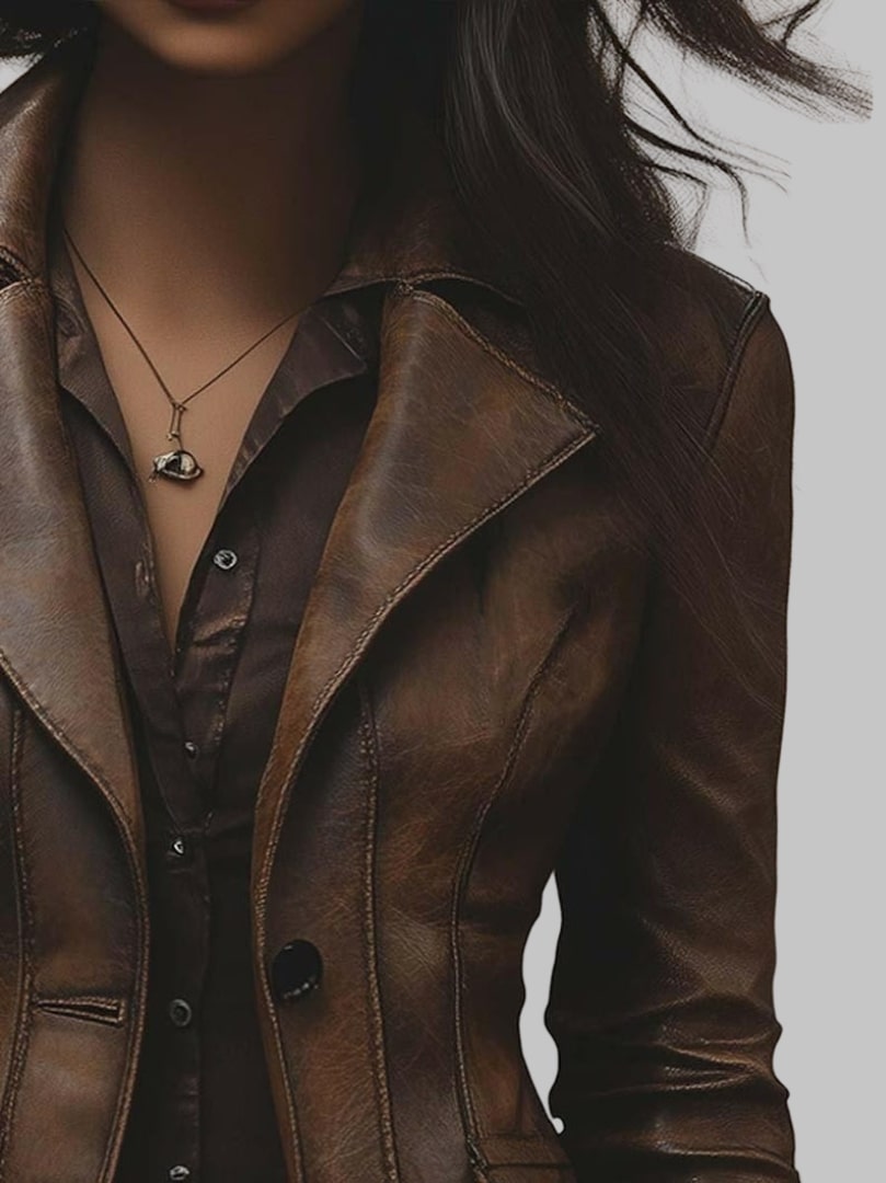 Women Vintage Brown Slim Fit Distressed Leather Jacket