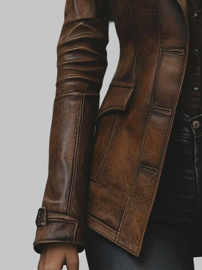 Women Vintage Brown Slim Fit Distressed Leather Jacket