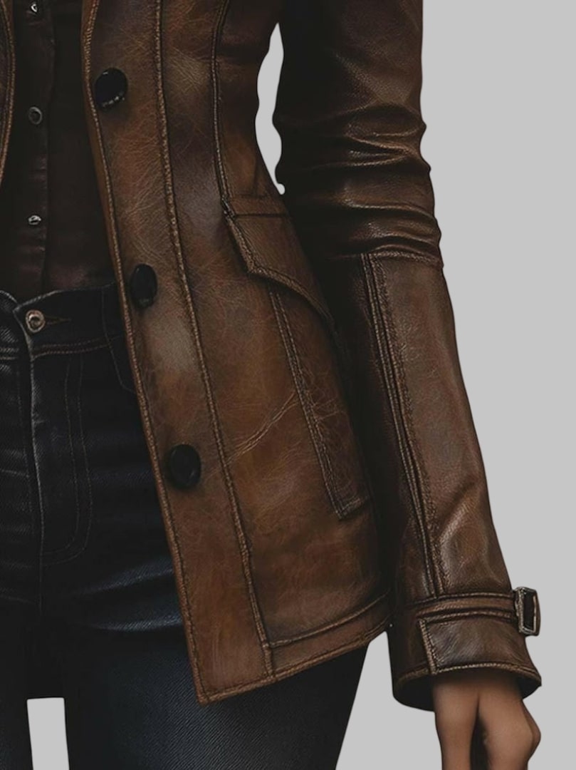 Women Vintage Brown Slim Fit Distressed Leather Jacket
