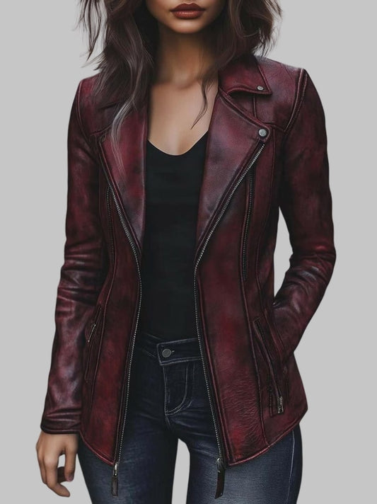 Women Burgundy Vintage Zipper Pocket Leather Jacket