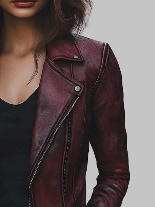 Women Burgundy Vintage Zipper Pocket Leather Jacket