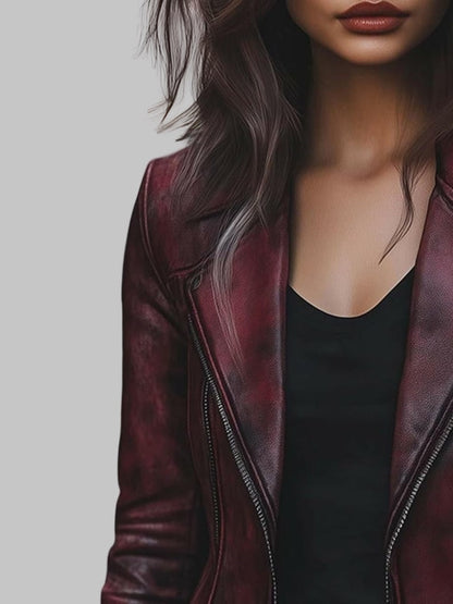 Women Burgundy Vintage Zipper Pocket Leather Jacket