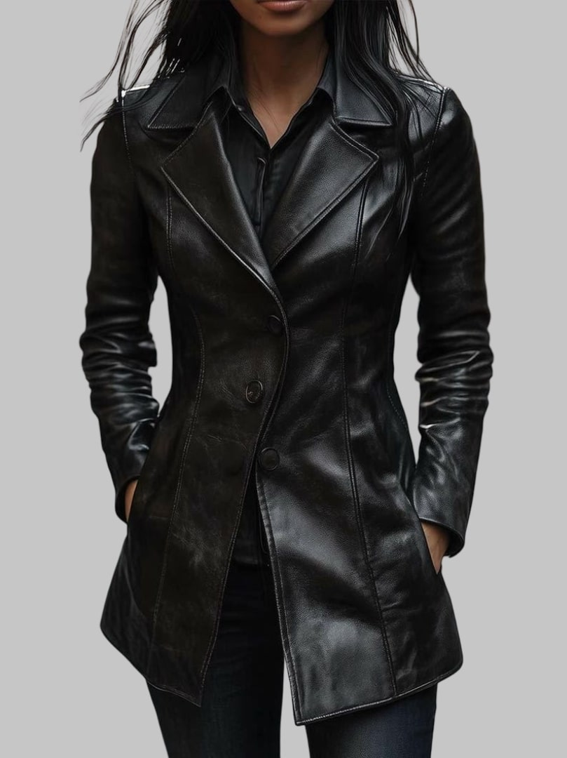 Women Black Lapel Button Genuine Leather Jacket