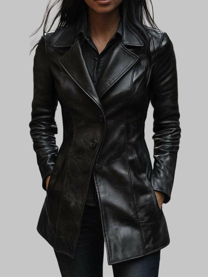 Women Black Lapel Button Genuine Leather Jacket