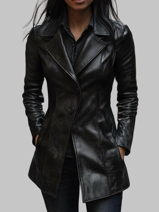 Women Black Lapel Button Genuine Leather Jacket