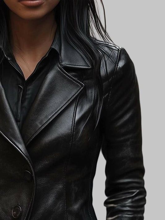 Women Black Lapel Button Genuine Leather Jacket