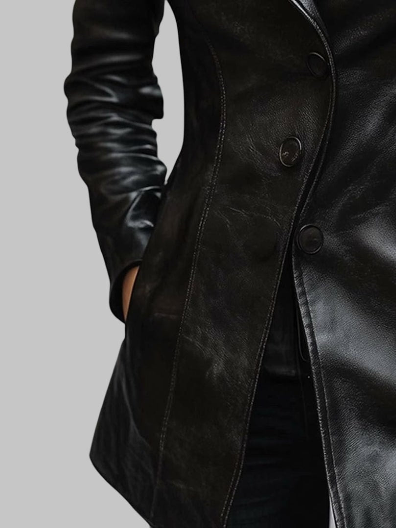 Women Black Lapel Button Genuine Leather Jacket