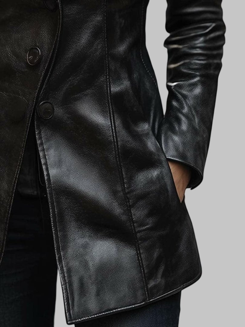 Women Black Lapel Button Genuine Leather Jacket