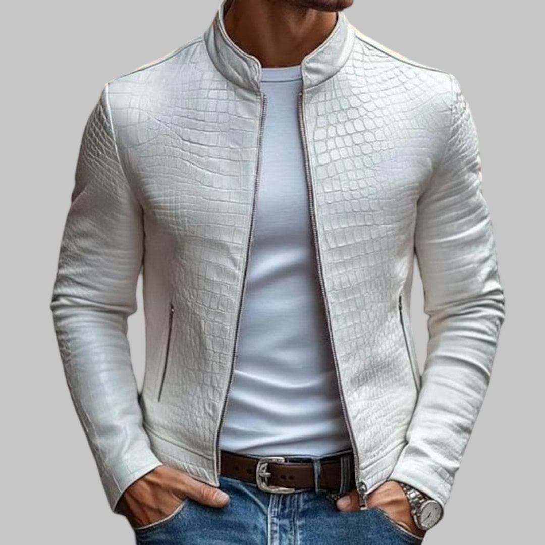 White Crocodile Embossed Leather Jacket for Men
