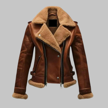 Women Sheepskin Aviator Biker Shearling Leather Jacket