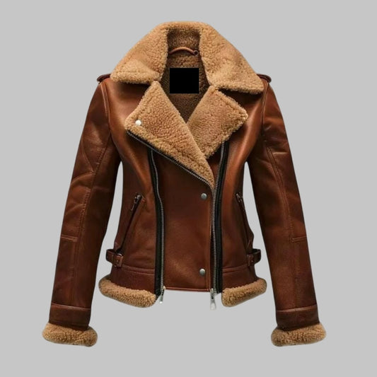 Women Sheepskin Aviator Biker Shearling Leather Jacket
