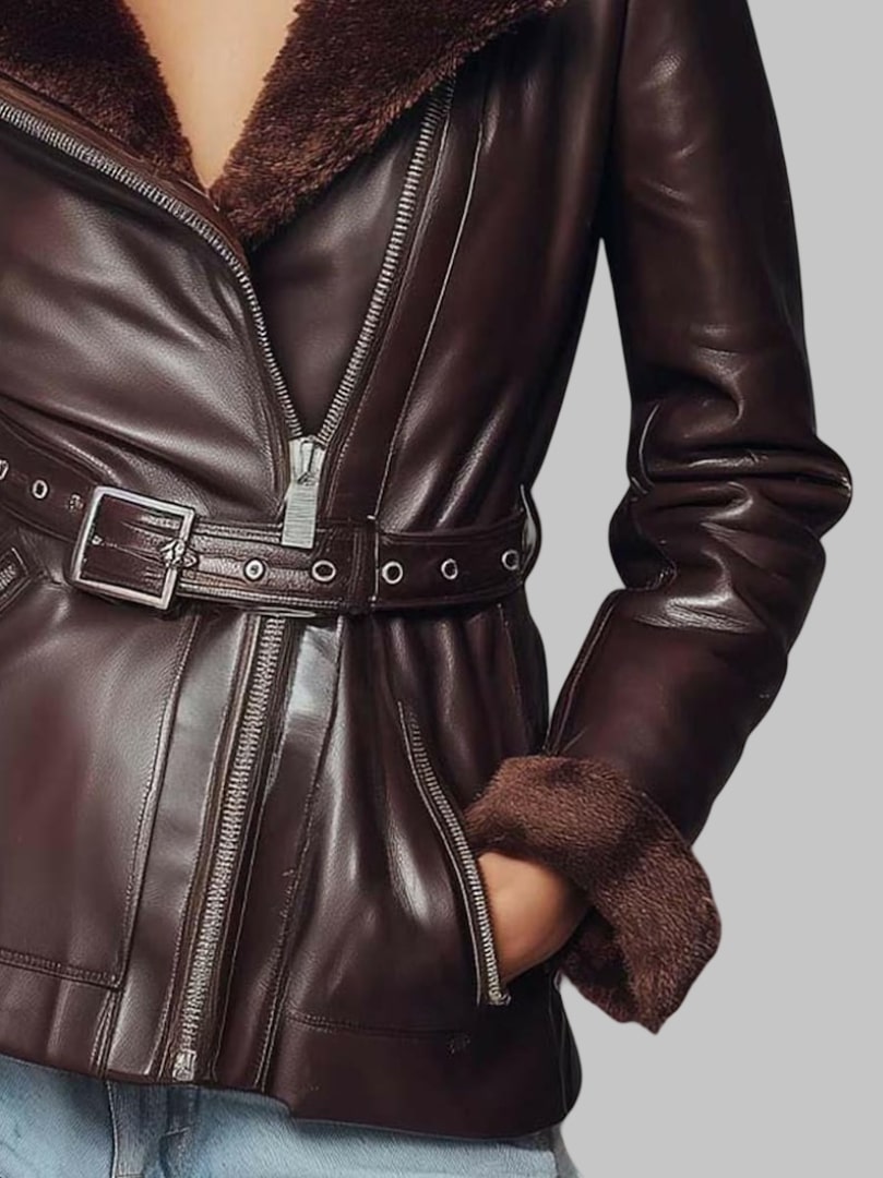 Women Burgundy Vintage Shearling Leather Blazer Jacket