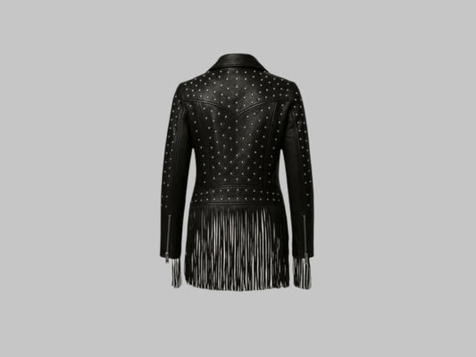 Women Black Studded Fringe Leather Jacket