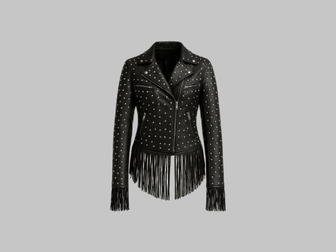 Women Black Studded Fringe Leather Jacket