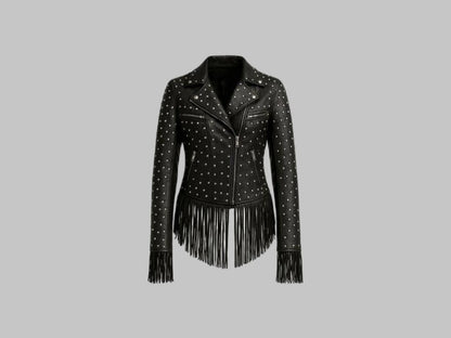 Women Black Studded Fringe Leather Jacket
